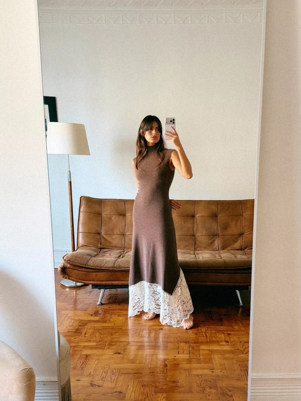 Zara NWT Brown Lace Hem Maxi Long Dress